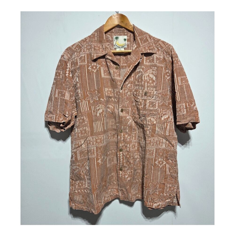 Banana Cabana Men's 100% Silk Orange Hawaiian Shirt Size Large